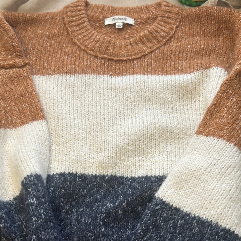 Madewell Cozy Brown and White Crew Neck Sweater